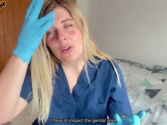 Hot nurse in red lingerie and spandex gloves pays you a visit at home