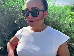 Doggy style creampie with blowjob in nature from girl in dress