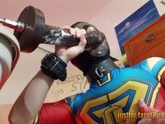 Superhero cock-pig takes the centaur dildo from Hankey's Toys deep down his throat