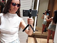 Hot mom tries on clothes, pussy, big tits, big nipples. Amateur wife filmed trying on clothes