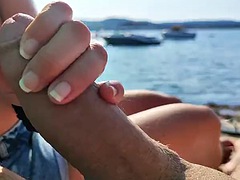French milf amateur handjob on public nudist beach in Greece with stranger with cumshot - MissCreamy