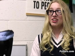 Blond Hair Lady in glasses nailed over office desk
