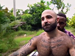 Anal, Negro, Ébano, Gay, Peludo, Interracial, Al aire libre, Tatuaje