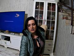 Cheating wife blow her husband friend while waring a hot jumpsuit and a fur hooded downjacket