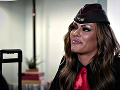 フェラチオ, 彼氏, カップル, 彼女, 手コキする, スチュワーデス, オッパイの, ユニフォーム