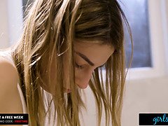 Girlsway Kristen Scott strokes while fantasizing women