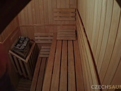 Watch these Czech cuties flash in the sauna, revealing their tiny tits and tight holes