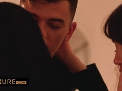 Schönheit, Schwarz, Braunhaarige, Frau frau mann, Hd, Lingerie, Flotter dreier, Titten