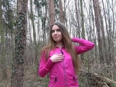 Elle Rose sucking stranger's dick and fucking in the woods for money