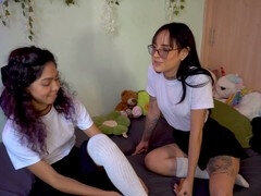 Intimate lovemaking, girl-on-girl scissoring fun, amateur lesbian action with petite babes