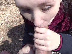 Big cock, Blowjob, Brunette, Cum in mouth, Outdoor, Public, Teen