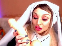 Nun outfit fun as Loraflowerlive learns to give a messy blowjob with all the cute extras
