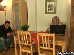 Young stud nails his shaved stepmom's mature mom on the table