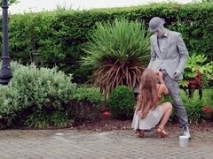 Alessandra Jane checks sexual potential of living statue outdoors