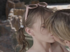 Two cute girls making out outside and 69ing like mad