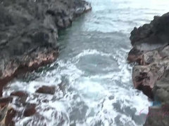 素人, ビーチ, デカパイ, ブロンド, フェラチオ, 足, 足コキ, 剃毛