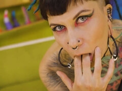 Goth queen teases petite melons & nips then takes aggressive doggystyle, cascading facial