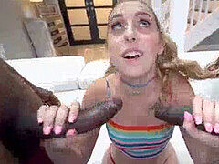 Cute towheaded school girl Melody Parker with pigtails takes two black monster cocks