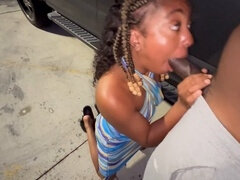 Naughty married woman gives an impressive blowjob in a public parking lot like a truck stop temptress