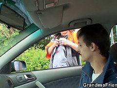 Blonde granny double penetration in the fields