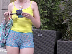 Jeny Smith struts in transparent shorts in public. Authentic showcasing scenes