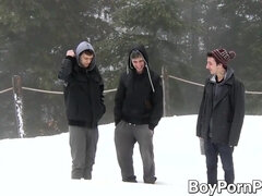 Cute twinks have a threeway in the cabin after taking a walk