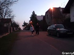 70 years old skinny granny in stockings riding