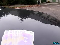 Hot blonde MILF with huge boobs fucks stranger for cash in public car ride