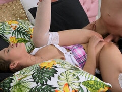 Naughty schoolgirl Sofia Smithx blows and rides curly-haired dude in bed