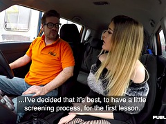 FAKEHUB - Small breasted teen in stockings fucked in car by driving instructor