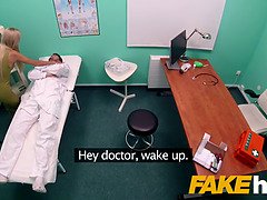 Blonde Russian nurse satisfies her patient with a hot doggystyle ride and swallows his load
