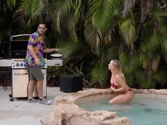Lovely blonde in red bikini gets banged by boyfriend's pal