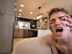 Twink deepthroating in stockings bareback by muscle guy