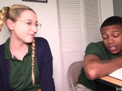 Ebony man is plumbing a whorey, platinum-blonde geek with braids, to instruct her a lesson