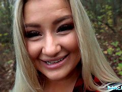 Beautiful Busty Blonde takes her clothes off in the woods before fucking