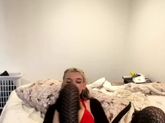 Non stop blonde with big boobs cock jerks off on the bed