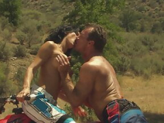 The motor cross legend stops riding to give the brunette