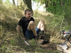 Horny couple is having sex outsie while voyeur is watching