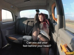 Atlanta Moreno gets in the Fake Taxi and she is talking to the driver who dares her to show her flexibility. She is wearing pantyhose and high heels.