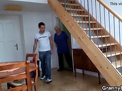 Busty blonde grandma pleases young stranger
