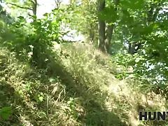 Grote mammen, Bruinharig, Bedriegen, Man die toekijkt, Hd, Buiten, Gezichtspunt, Tieten likken