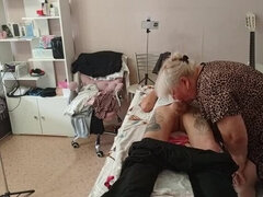 Stepmom gives amazing deep throat blowjob and swallows cum on massage table