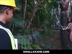 Small teen tree hugger bound up and fucked by employee outdoors