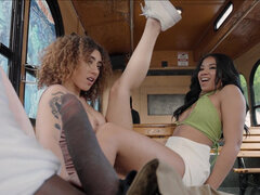 American, Ass, Big cock, Bus, Natural tits, Petite, Threesome, Upskirt