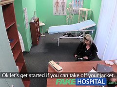 Watch George Uhl's big tits bounce as he fucks his patient's pregnant pussy with his nurse's help