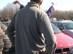 German amateur Petra Wegat gets banged hard on wrecked cars with people watching - anal, blowjob, massive tits