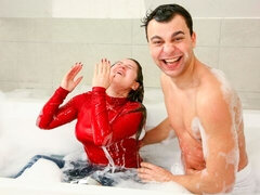 浴室, 茶髪の, ぽちゃ, バック, 手コキする, シャワー, ティーン, 濡れ