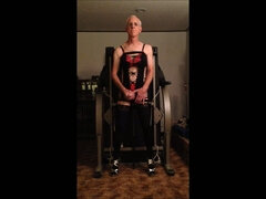 Kinky crossdresser is caught jacking off his cock wearing his wife's sexy see thru black dress.