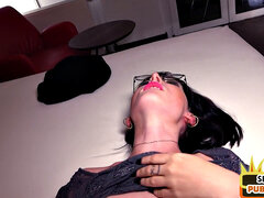 Adorable babe in glasses gets hard doggystyled