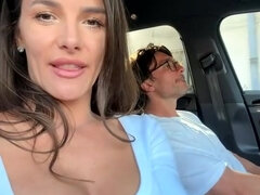 Hottie babe teases thick cock in car with sensual stockings play